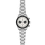 The TUDOR Black Bay Chrono is a stainless steel chronograph wristwatch featuring a white dial, black bezel, and metal bracelet.