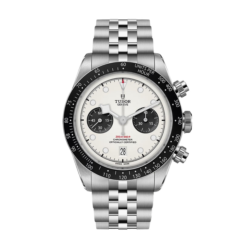 The TUDOR Black Bay Chrono is a stainless steel chronograph watch with a white dial, black bezel, and metal link bracelet.