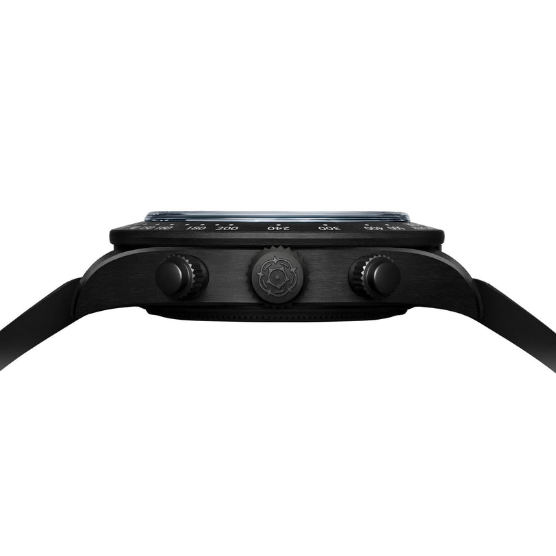 Side view of the TUDOR Black Bay Chrono wristwatch in black, featuring two buttons, a textured crown, and a black strap.