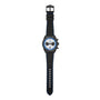 The TUDOR Black Bay Chrono is a black wristwatch with blue accents, a white and blue dial, and a black band featuring blue stitching, displayed flat.