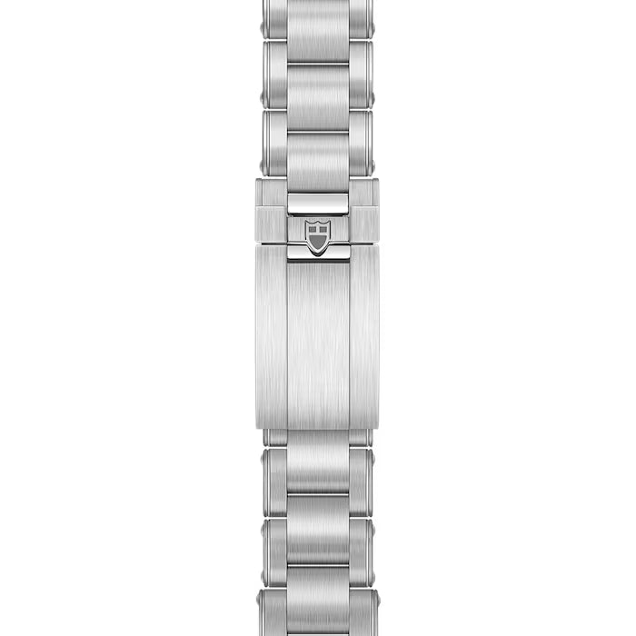 Stainless steel watch bracelet with brushed finish and center link clasp closure.