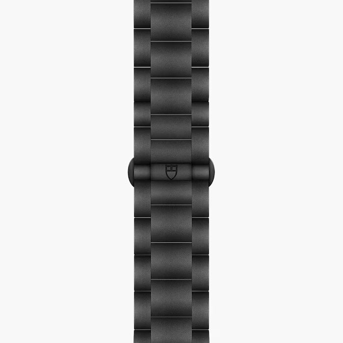 Black ceramic watch band with interlocking links and a clasp closure.