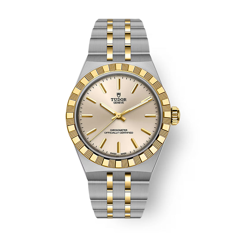 TUDOR Royal watch with two-tone steel and gold bracelet, champagne dial, and textured bezel.