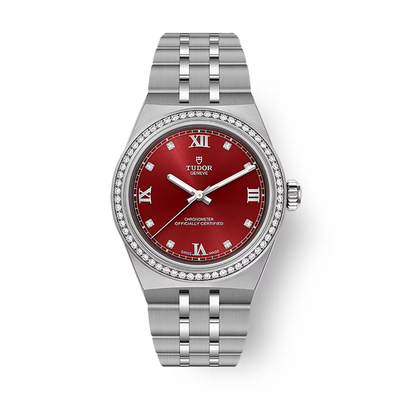 Steel wristwatch with red dial, diamond bezel, Roman numeral markers, and three-link bracelet.