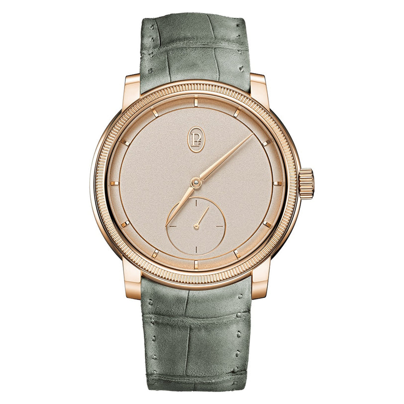 The Parmigiani Fleurier TORIC Petite Seconde features a gold case, beige dial, green leather strap, and a small seconds subdial above 6 o’clock.