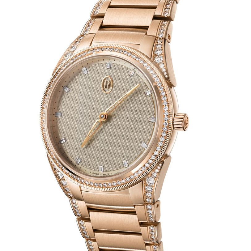 The Parmigiani Fleurier TONDA PF Automatic, a gold wristwatch with diamond accents and a textured dial, is displayed at an angle.