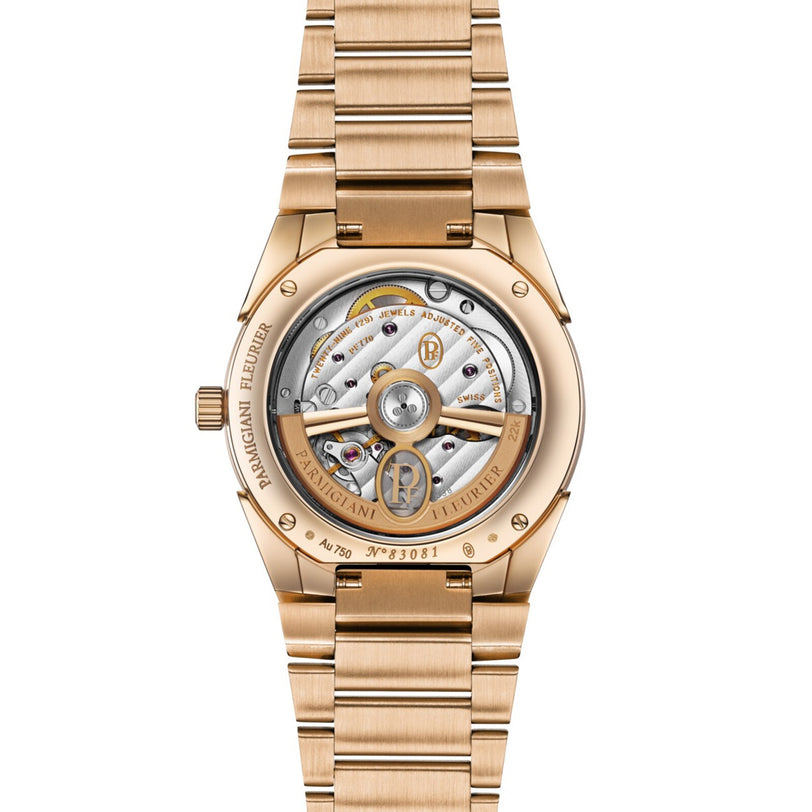 Close-up of the back of a Parmigiani Fleurier TONDA PF Automatic wristwatch, revealing its exposed mechanical movement.