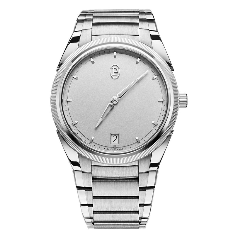 The Parmigiani Fleurier TONDA PF Micro-Rotor is a silver stainless steel wristwatch featuring a minimalist dial and a date display at the 6 o’clock position.