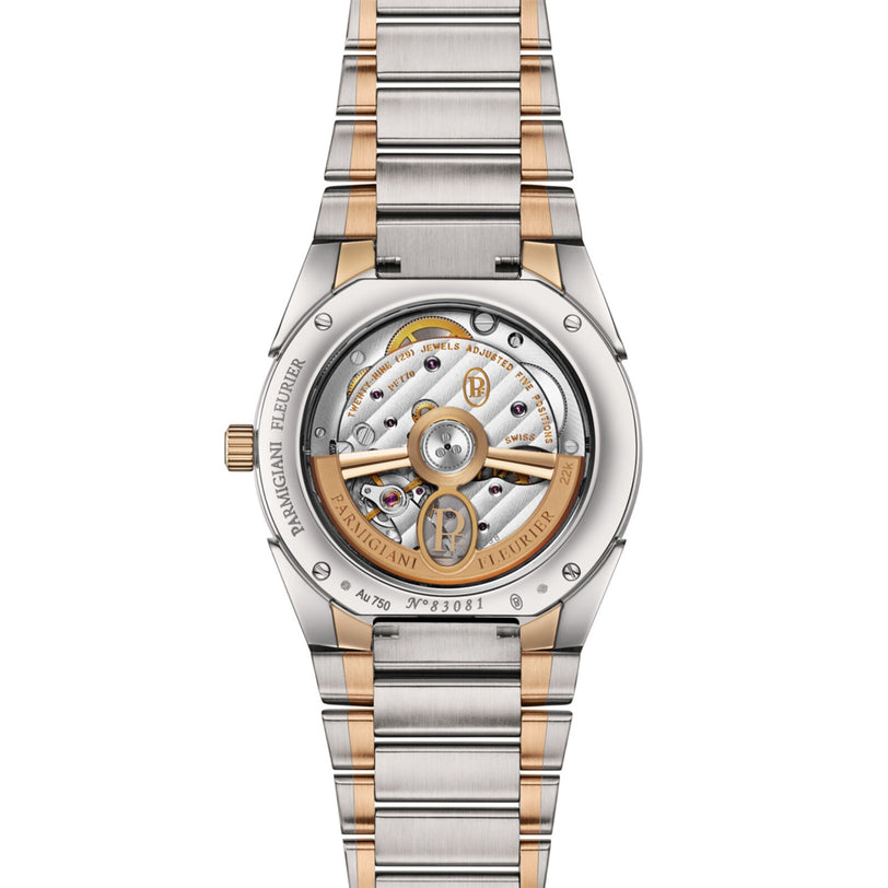 Back view of the Parmigiani Fleurier TONDA PF Automatic, featuring a two-tone metal bracelet and a visible mechanical movement.