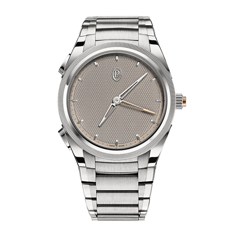 The Parmigiani Fleurier TONDA PF Minute Rattrapante is a silver luxury wristwatch featuring a textured grey dial, metallic strap, and minimalist hour markers.