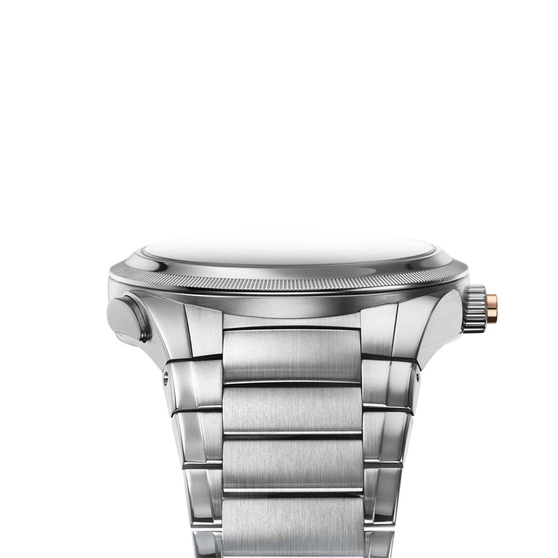 A close-up side view of the Parmigiani Fleurier TONDA PF Minute Rattrapante wristwatch, featuring a silver brushed metal band, set against a white background.