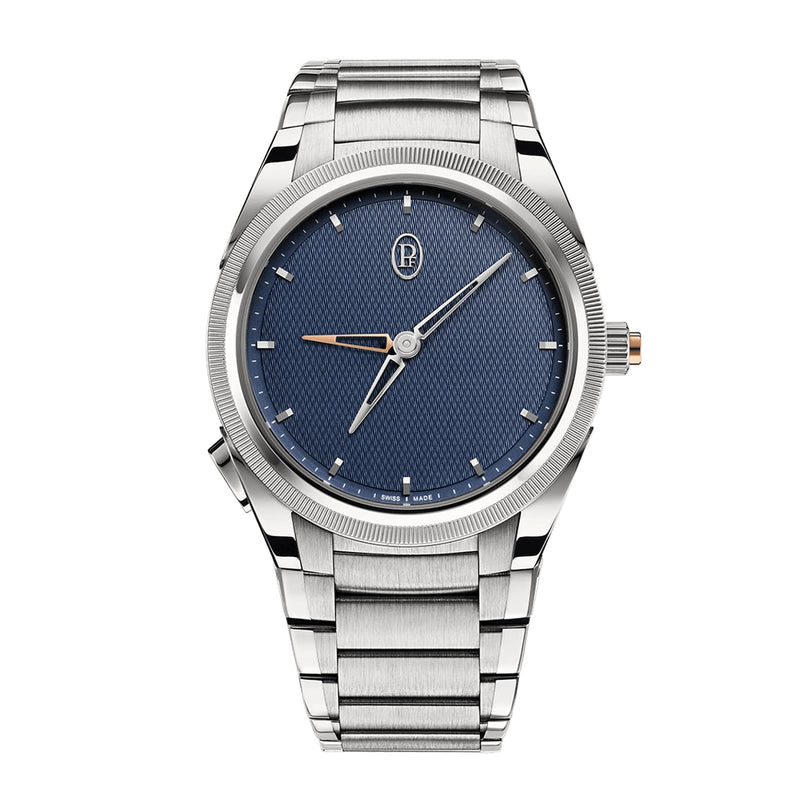 The Parmigiani Fleurier TONDA PF GMT Rattrapante is a silver wristwatch featuring a blue textured dial, silver hour markers, and a metal bracelet.