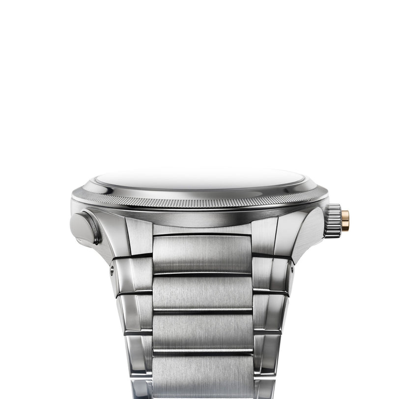 Side view of the Parmigiani Fleurier TONDA PF GMT Rattrapante, a stainless steel wristwatch with a metal strap, crown, and pusher against a white background.