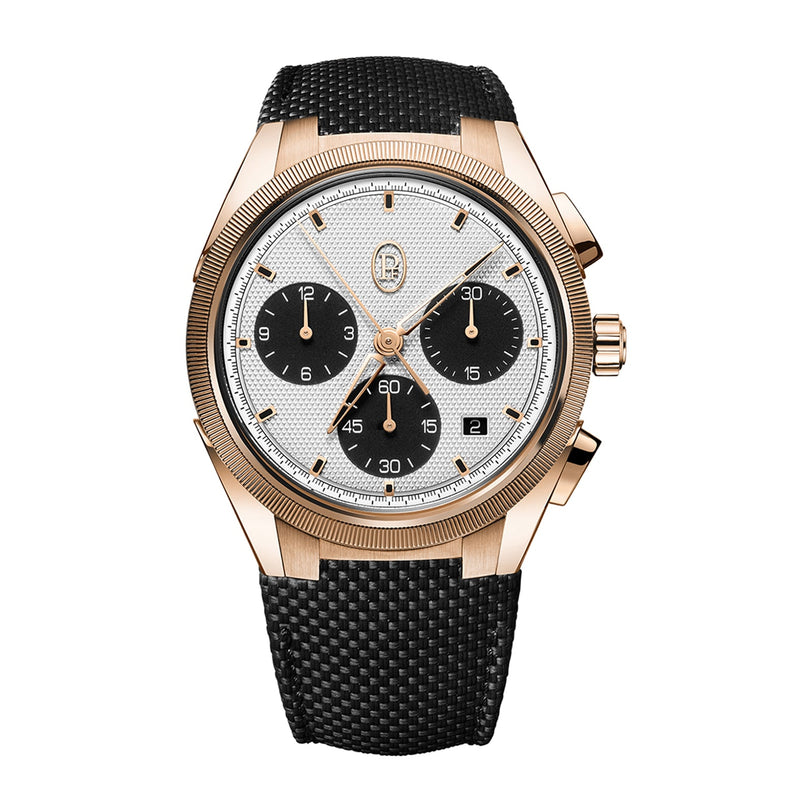 The Parmigiani Fleurier TONDA PF Sport Chronograph is a luxury gold wristwatch featuring a textured black strap and three black subdials on a white face.