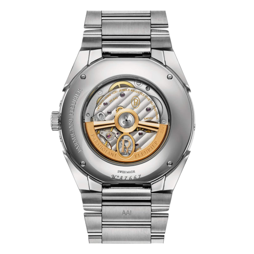 Back view of the Parmigiani Fleurier TONDA PF Xiali Chinese Calendar, showcasing the intricate mechanical movement and engraved details in its luxury stainless steel design.