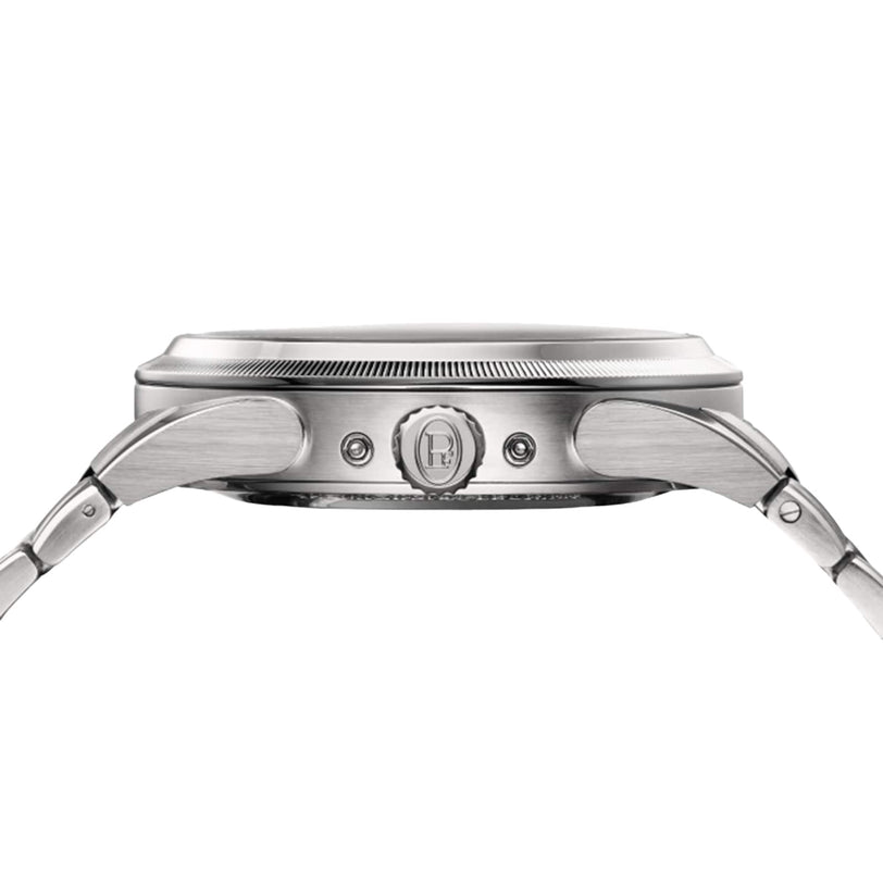 Side view of the Parmigiani Fleurier TONDA PF Xiali Chinese Calendar, a silver wristwatch with a round crown and lugs, highlighting its slim profile.