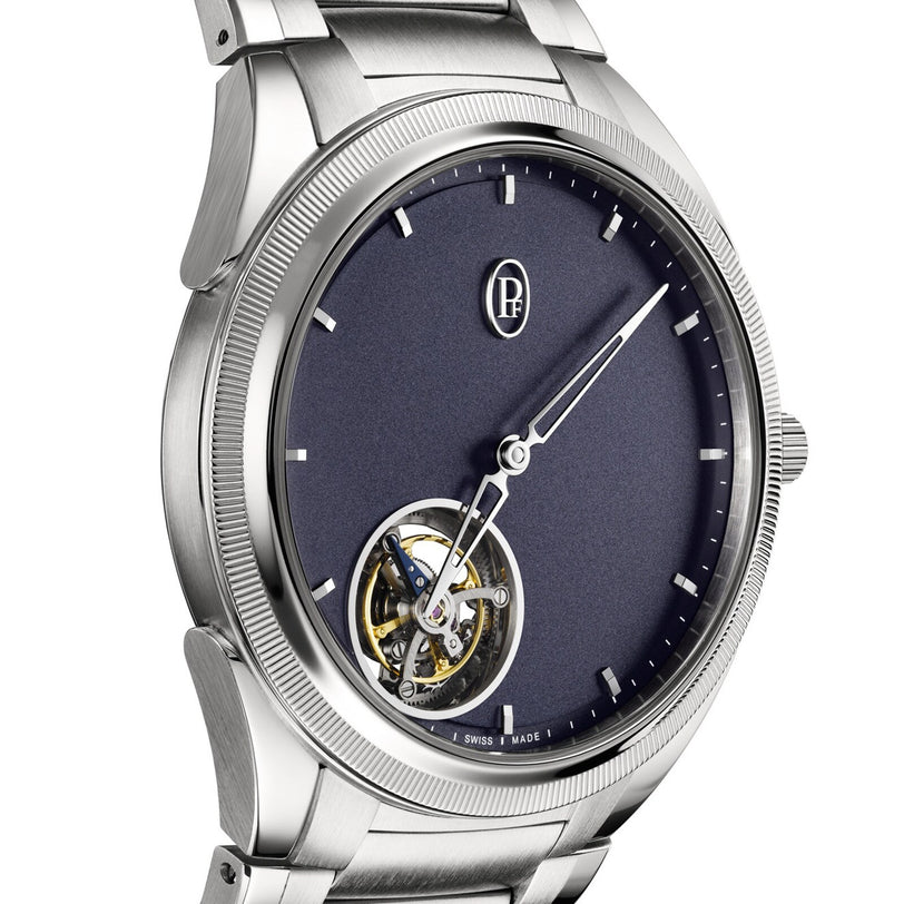 The Parmigiani Fleurier TONDA PF Flying Tourbillon is a luxury silver wristwatch featuring a dark face, minimalist design, and an exposed tourbillon.