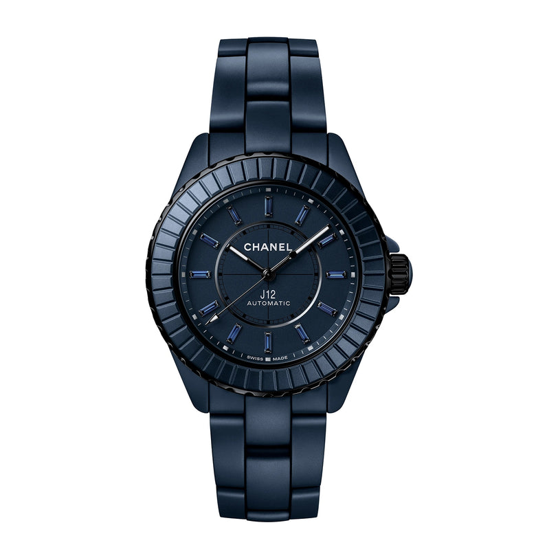 The Chanel J12 Bleu Watch Caliber 12.1 (38 mm) features a sleek black ceramic bracelet and minimalist blue accents.
