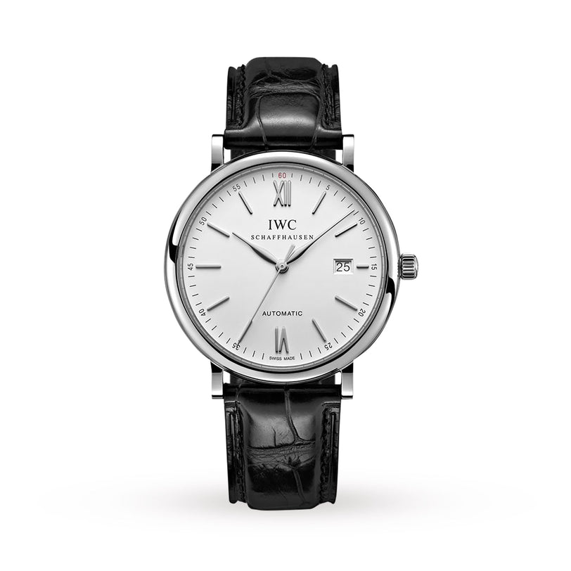 The IWC Schaffhausen Portofino Automatic features a white dial, stainless steel case, black leather strap, Roman numerals at 12 and 6, and a date window at 3 o’clock.