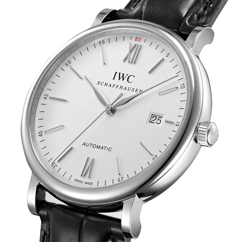 The IWC Schaffhausen Portofino Automatic features a stainless steel case, white dial with Roman numerals and stick indices, date window at 3 o’clock, black leather strap, and automatic movement.