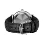 The IWC Schaffhausen Portofino Automatic watch in black leather is shown from the back, highlighting the case and strap details with a silver buckle.