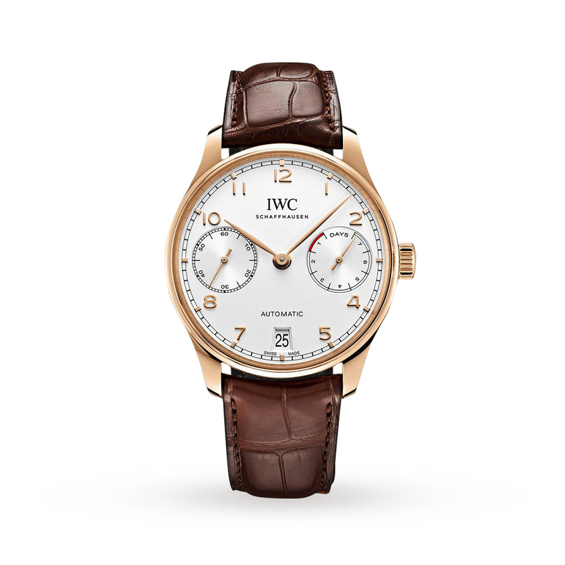 The IWC Schaffhausen Portugieser Automatic features a white dial, brown leather strap, 18ct 5N gold case, two subdials, seven-day power reserve, and date display at 6 oclock, shown on a plain white background.