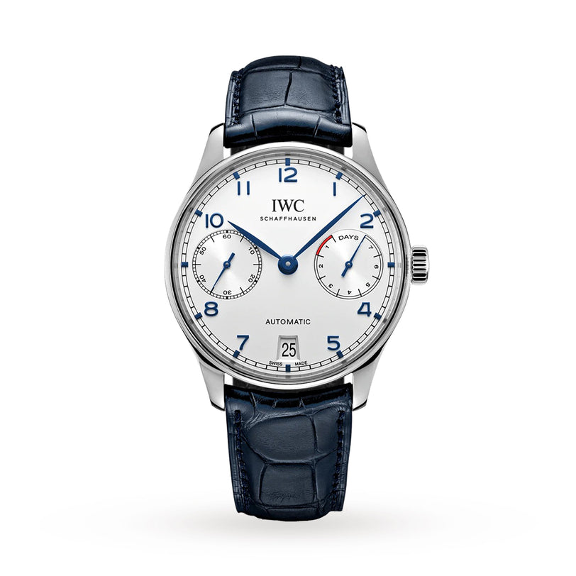 The IWC Schaffhausen Portugieser Automatic features a silver case, white dial with blue hands and numerals, subdials for seconds and days, a date window at 6 oclock, and a dark blue leather strap—showcasing engineering excellence.