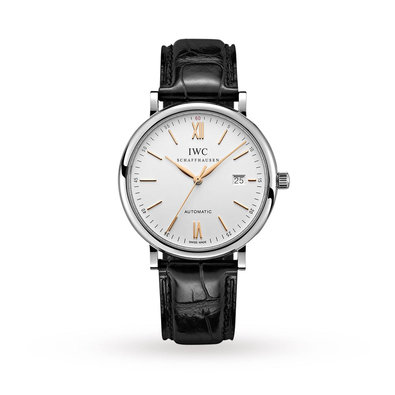 The IWC Schaffhausen Portofino Automatic features a white dial with gold markers, date display at 3 o’clock, Swiss automatic movement, and a black alligator leather strap.