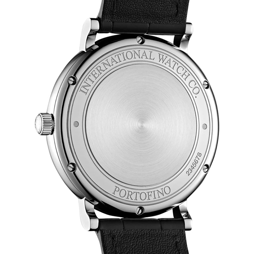 The image shows the back of the IWC Schaffhausen Portofino Automatic with International Watch Co., Portofino, 2345618 engraved, a classic 40mm stainless steel case, and a black alligator leather strap.
