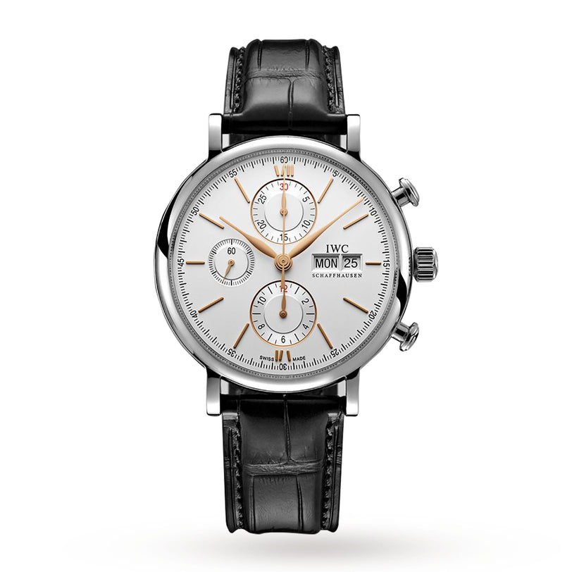 The IWC Schaffhausen Portofino Chronograph features a stainless steel case, white dial with three subdials, day and date display, black leather strap, and silver markers and hands.