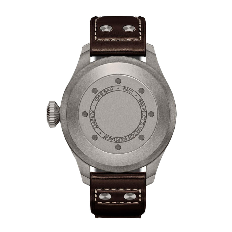 The IWC Schaffhausen Big Pilots Watch Heritage features a closed, round titanium case back and a dark brown leather strap with white stitching and two metal rivets, echoing classic Pilots Watch design.