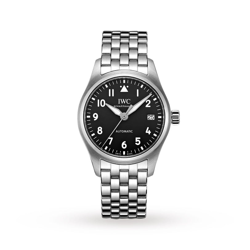 The IWC Schaffhausen Pilots Watch Automatic 36 features a stainless steel case, black dial with white numerals, date display at 3 oclock, and a metal bracelet, shown against a white background.