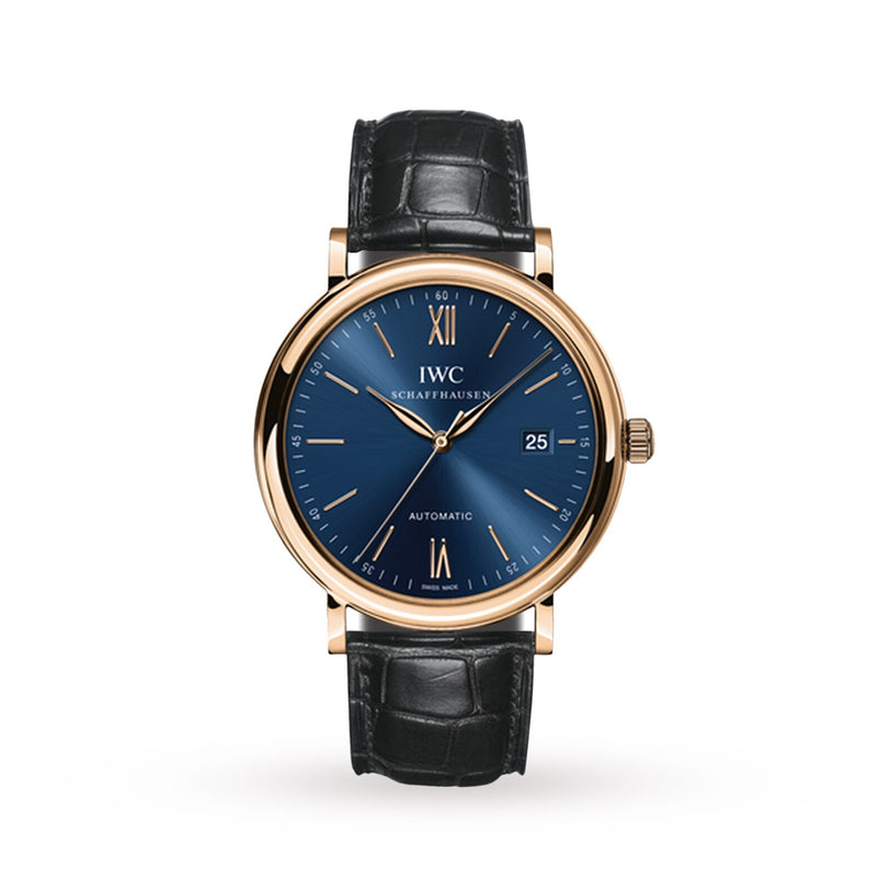 The IWC Schaffhausen Portofino Automatic features a blue dial, gold case, black leather strap, date at 3 o’clock, Roman numeral XII on the face, and Swiss automatic self-winding movement.