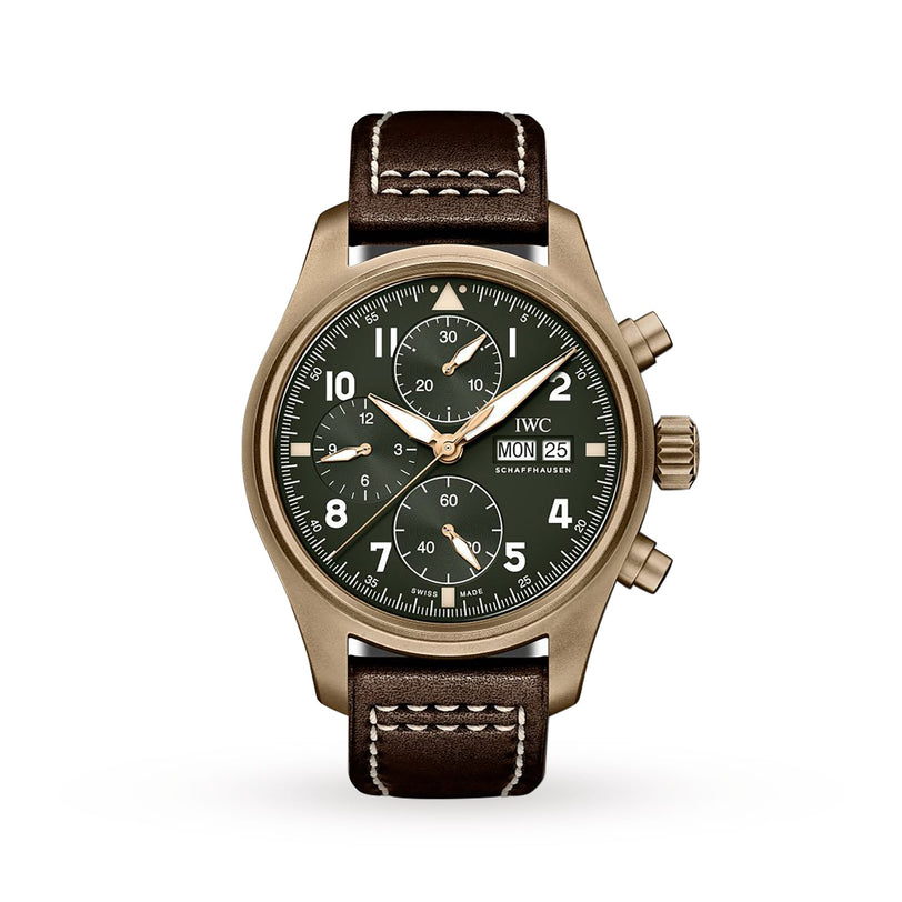 The IWC Schaffhausen Pilots Watch Chronograph Spitfire features a bronze case, green dial with three subdials, day and date display, and a brown leather strap accentuated by white stitching.