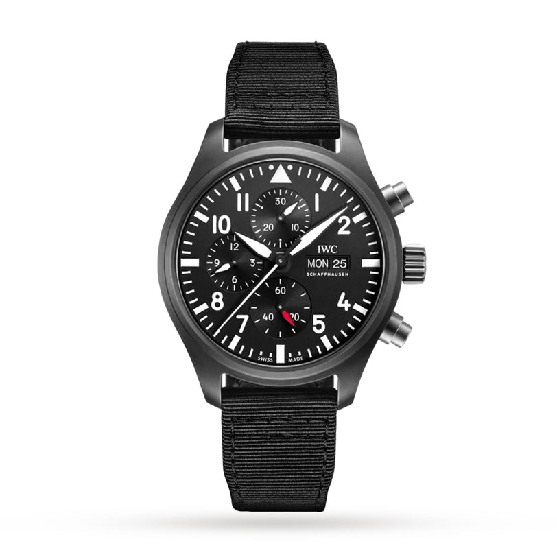 The IWC Schaffhausen Pilots Watch Chronograph Top Gun features a black dial with white markers, three subdials, and a black fabric strap, displayed on a white background.
