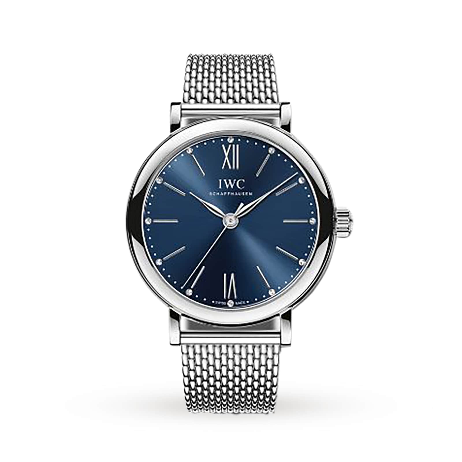 The IWC Schaffhausen Portofino Automatic 34 features a stainless steel case, blue dial with Roman numerals at 12 and 6 o’clock, and a mesh metal band for timeless Mediterranean elegance.