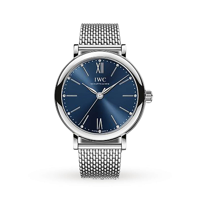 The IWC Schaffhausen Portofino Automatic 34 features a stainless steel case, blue dial with Roman numerals at 12 and 6 o’clock, and a mesh metal band for timeless Mediterranean elegance.