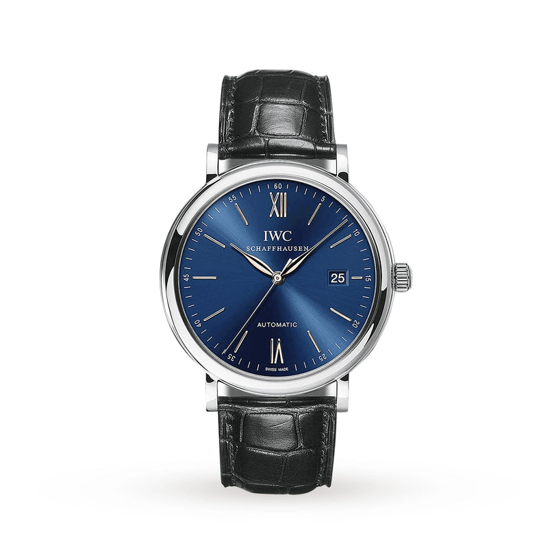 The IWC Schaffhausen Portofino Automatic features a blue dial, silver case, black leather strap, Roman numerals at 12 and 6, a date window at 3 o’clock—all crafted with Swiss precision.