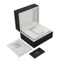 The IWC Schaffhausen Portofino Automatic is presented with a black and white box, matching interior, empty watch holder, booklet, and black service card—showcasing Swiss precision on a white background.