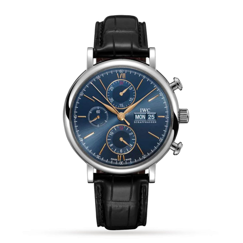 The IWC Schaffhausen Portofino Chronograph features a stainless steel case, blue dial with chronograph, three subdials, day and date displays, gold hands, and a black leather strap.