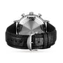 The IWC Schaffhausen Portofino Chronograph wristwatch is shown from the back, highlighting its black leather strap, clasp, and detailed engraved case back.