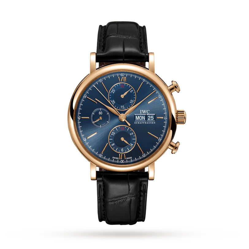 The IWC Schaffhausen Portofino Chronograph features an 18ct 5N gold case, blue dial with three subdials, chronograph functions, date and day display, and a black leather strap.