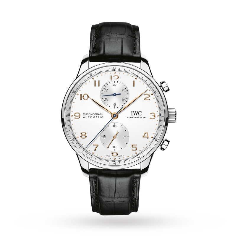 The IWC Schaffhausen Portugieser Chronograph features a stainless steel case, white dial with gold numerals, two subdials, and a black leather strap, showcased against a white background.