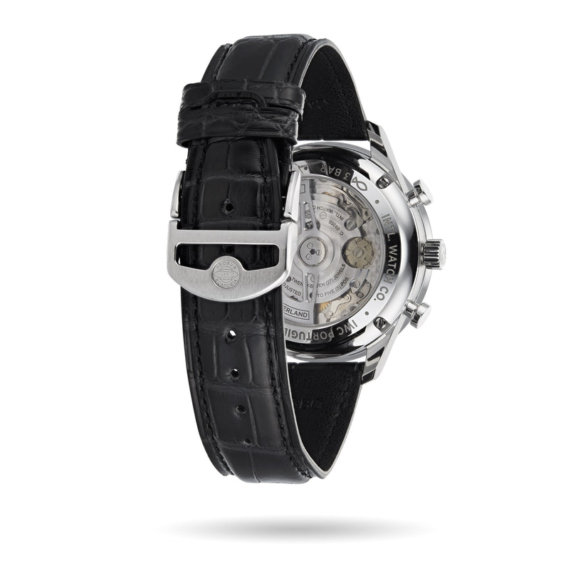 The IWC Schaffhausen Portugieser Chronograph features a visible 69355 calibre movement, stainless steel case, and black leather strap, shown from the back to highlight its transparent case back and clasp.