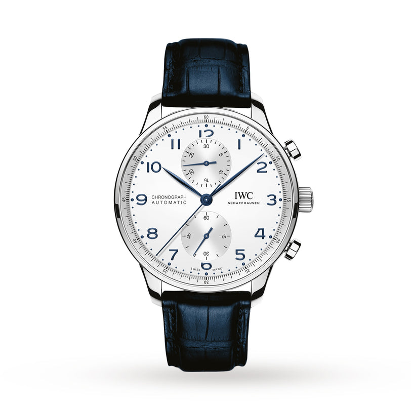 The IWC Schaffhausen Portugieser Chronograph features a stainless steel case, white dial with blue hands and numerals, subdials at 12 and 6 o’clock, and a black leather strap, shown on a white background.