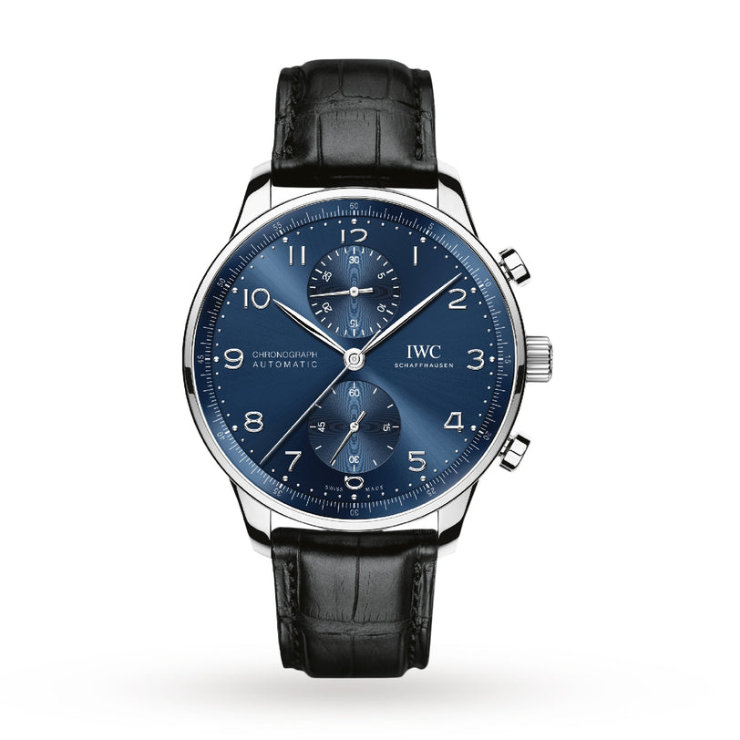 The IWC Schaffhausen Portugieser Chronograph wristwatch features a blue dial, stainless steel case, black leather strap, and three subdials, shown displaying the time 10:08.