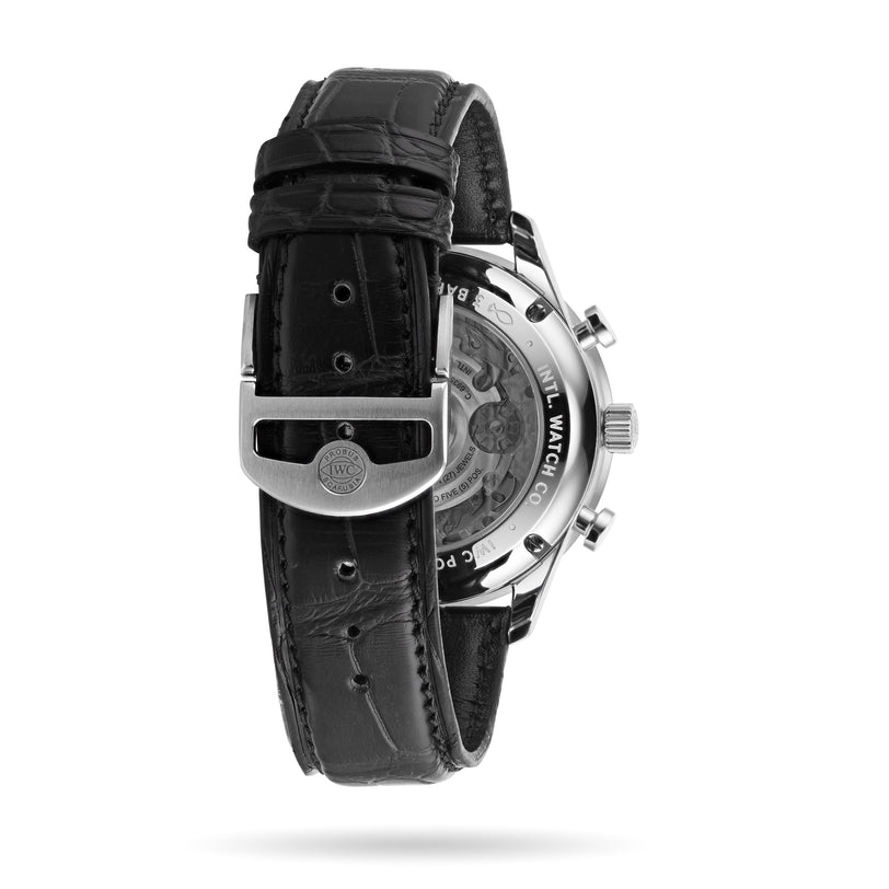 Back view of the IWC Schaffhausen Portugieser Chronograph with a black leather strap, stainless steel case, silver buckle, and visible automatic movement through its transparent case back.