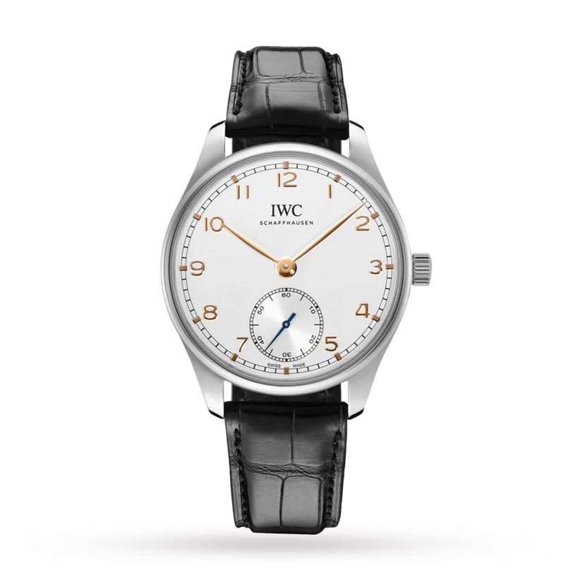 A silver IWC Schaffhausen Portugieser Automatic 40 with a white dial, gold numerals and hands, small seconds at 6 oclock, black leather strap, powered by the IWC-manufactured 82200 calibre.
