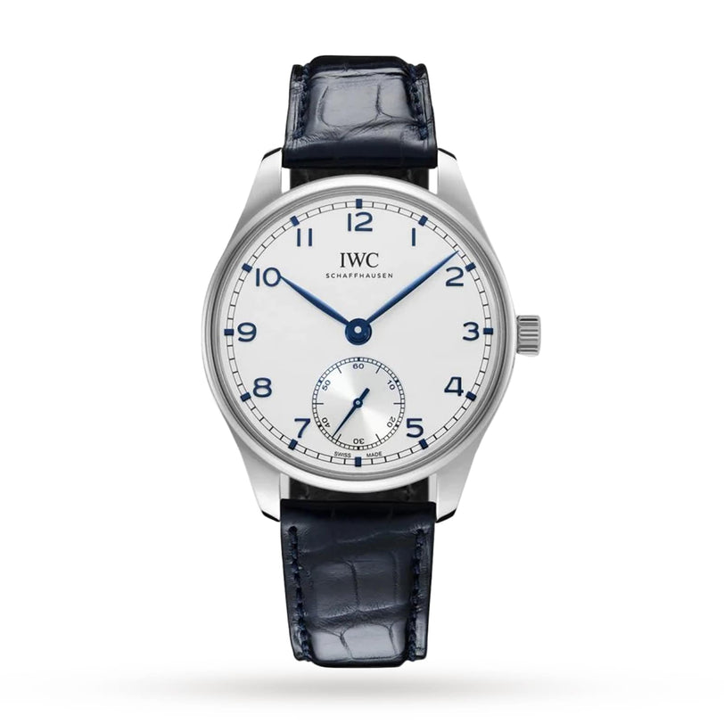 The IWC Schaffhausen Portugieser Automatic 40 features a silver case, white dial with blue hands, black numerals, a small seconds subdial at 6 o’clock, the IWC 82200 calibre movement, and a black leather strap.