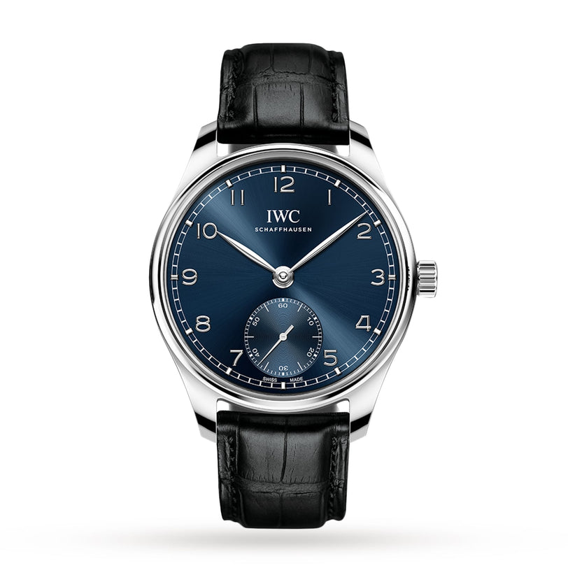 The IWC Schaffhausen Portugieser Automatic 40 features a blue dial, silver hour markers, black leather strap, subdial at 6 oclock, and is powered by the in-house 82200 calibre with Pellaton winding system.